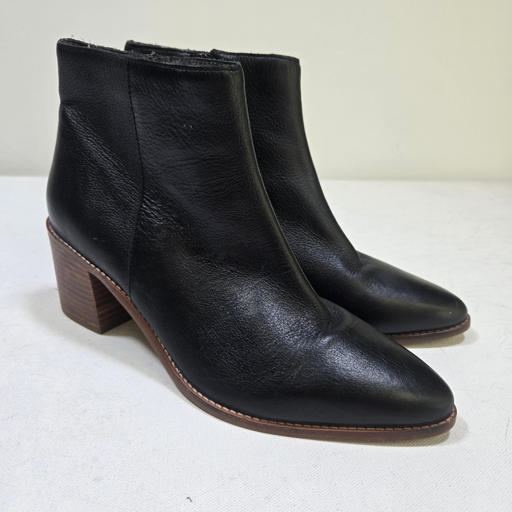 Seychelles Leather Ankle Boots Womens 8 Black Pointed Toe Block Heel Booties